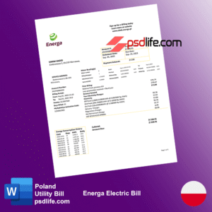 Poland Energa Electric & Wody Polskie Water Utility Bill word Template | Proof of address template psd | download free bill psd