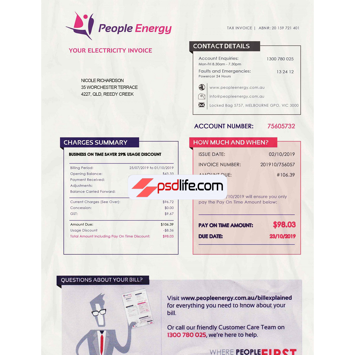 Australia Utility Bill Psd Template for Skrill account verification | Proof of address template psd | download free bill psd