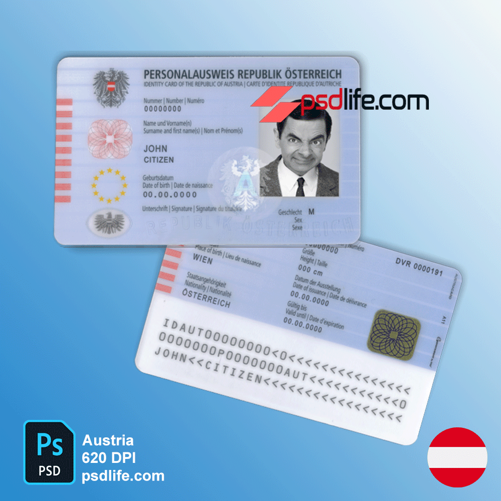 Download Austria id card Psd File Template | fake id card back and front | id card sample editable | Fully editable photoshop template | id card psd template full editable free download back and front