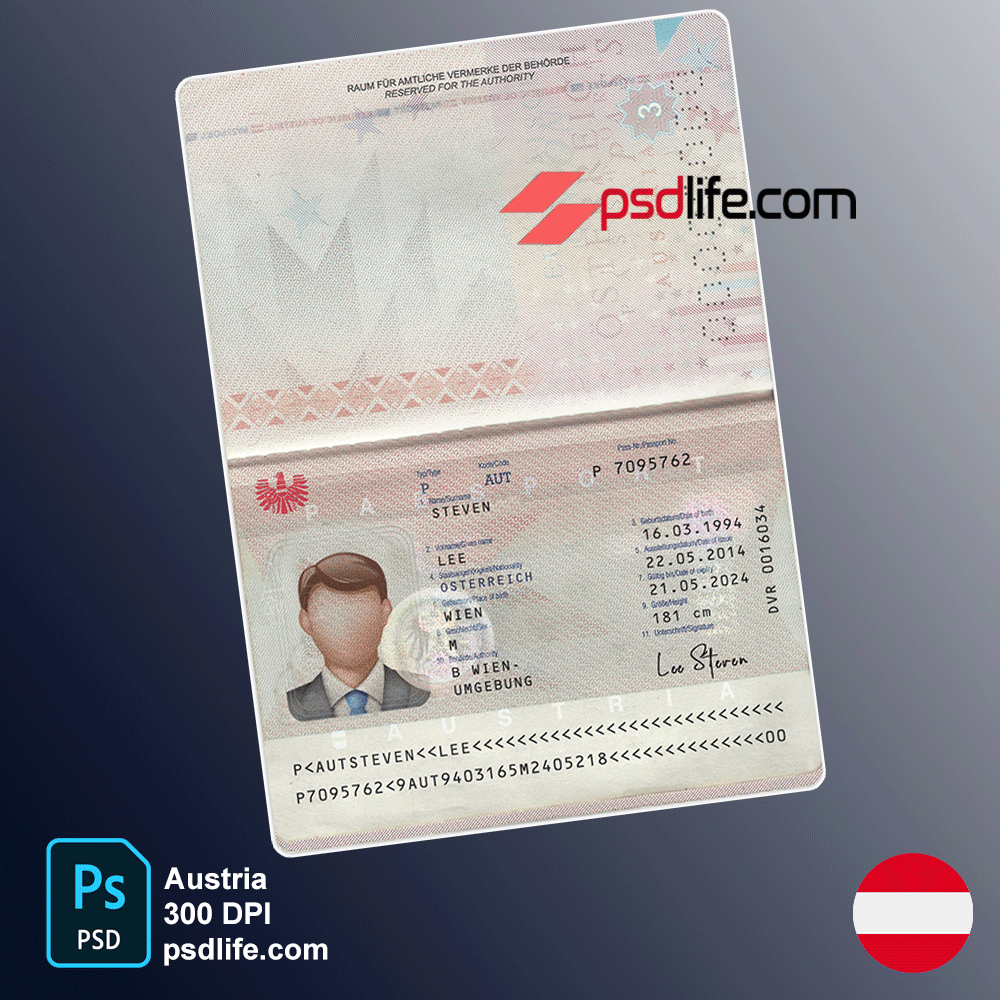 Austria passport psd template , full editable with all font