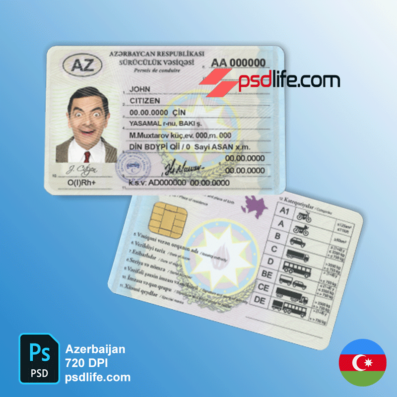 Azerbaijan driving licence psd template , full editable with all font