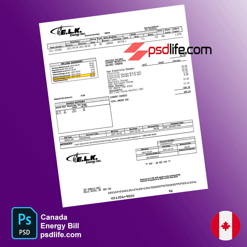 Canada ELK Energy Utility Bill Psd Template file for Facebook account