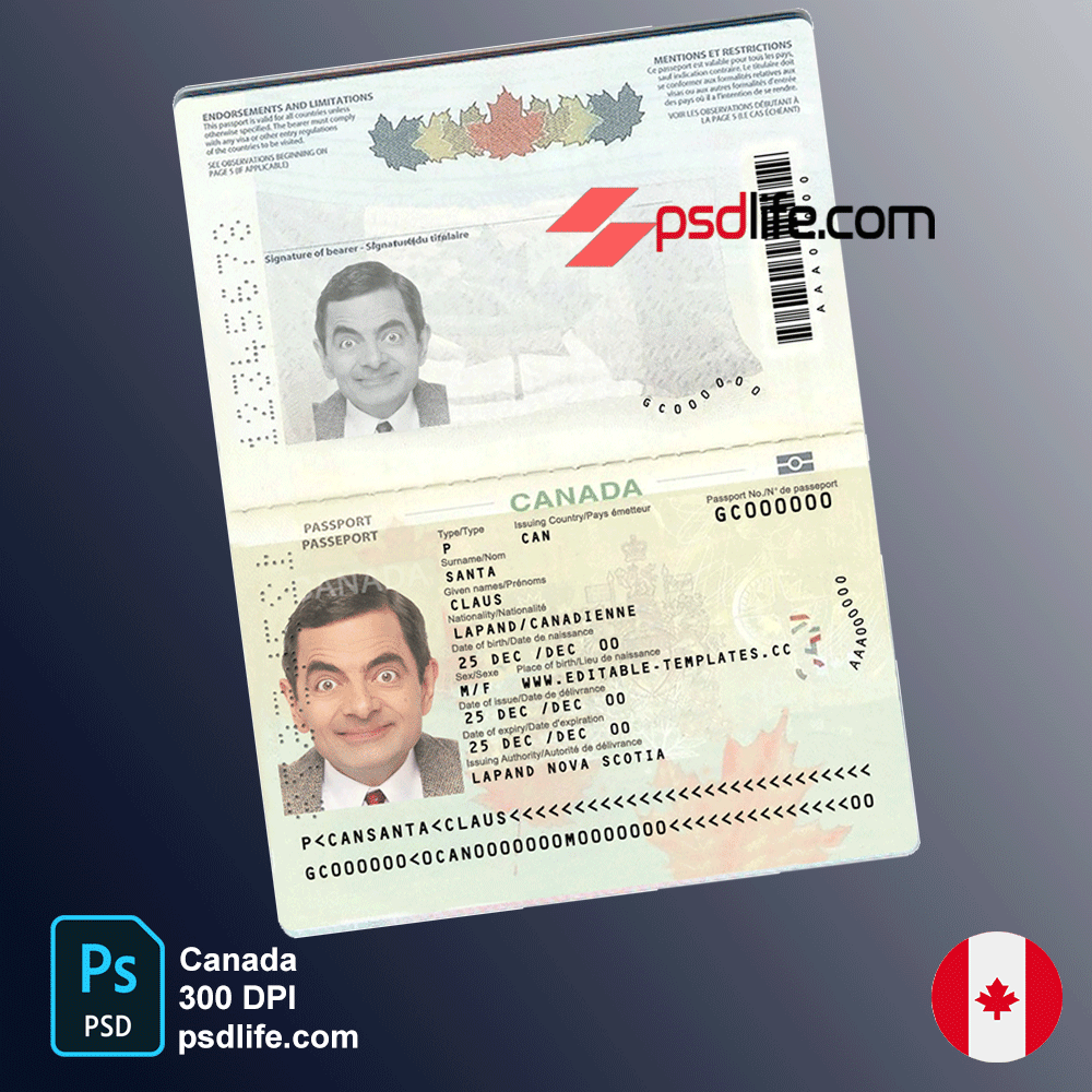 Canada fake orginal passport back and front psd template