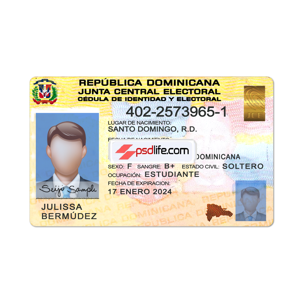 Dominican Republic Id card psd Fully editable photoshop template | Dominican Republic Id card psd Template free download | Plantilla editable psd falsa de tarjeta de identificación de República Dominicana