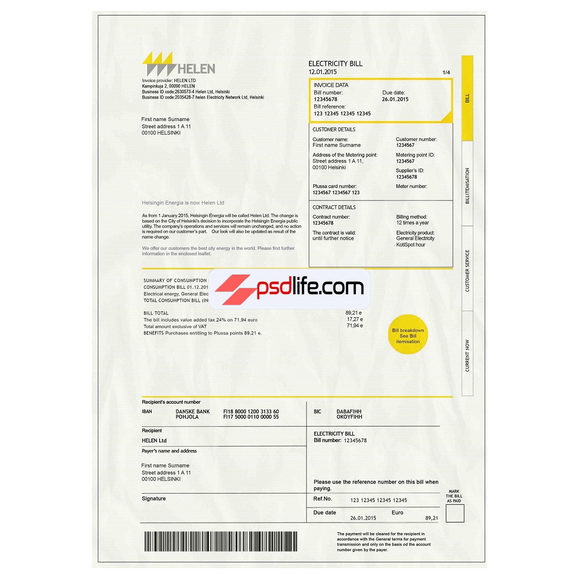 Finland electric Bill Psd Template for verify all account | Finland Utility Bill Psd Template | download free bill psd