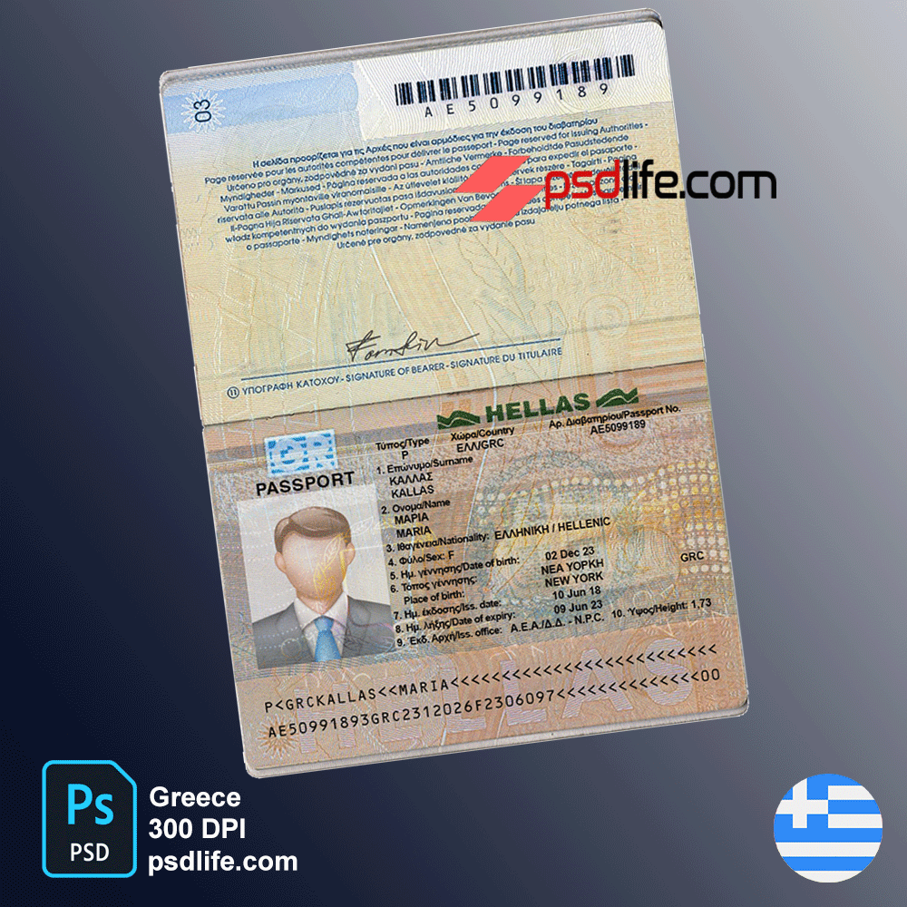 Greece passport psd template , full editable with all font