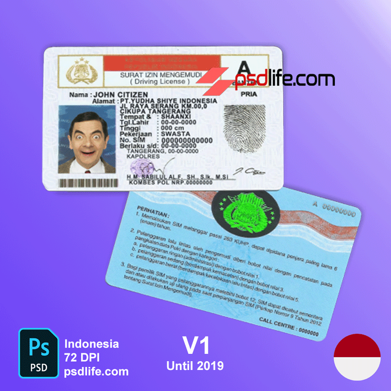 Indonesia driving licence psd template , full editable with all font