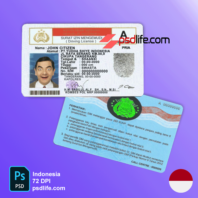 Indonesia driving licence psd template , full editable with all font