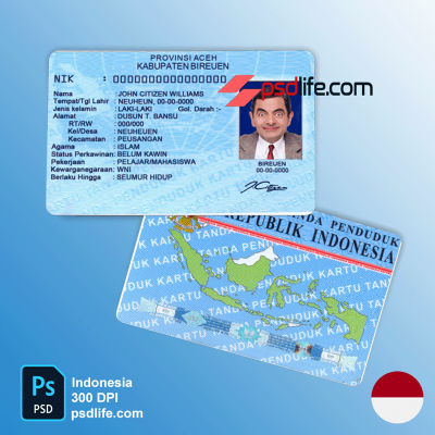 Indonesia id card psd template in photoshop full editable with all font