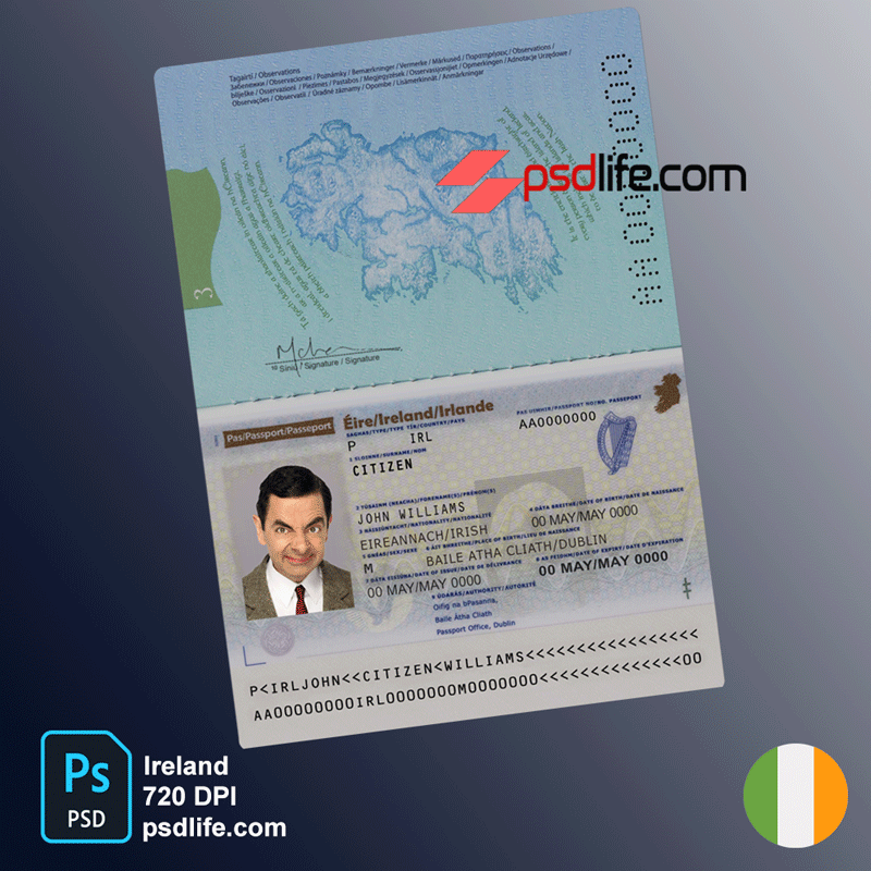 Ireland passport psd template editable free download fake | Teimpléad psd pas falsa na hÉireann le híoslódáil saor in aisce