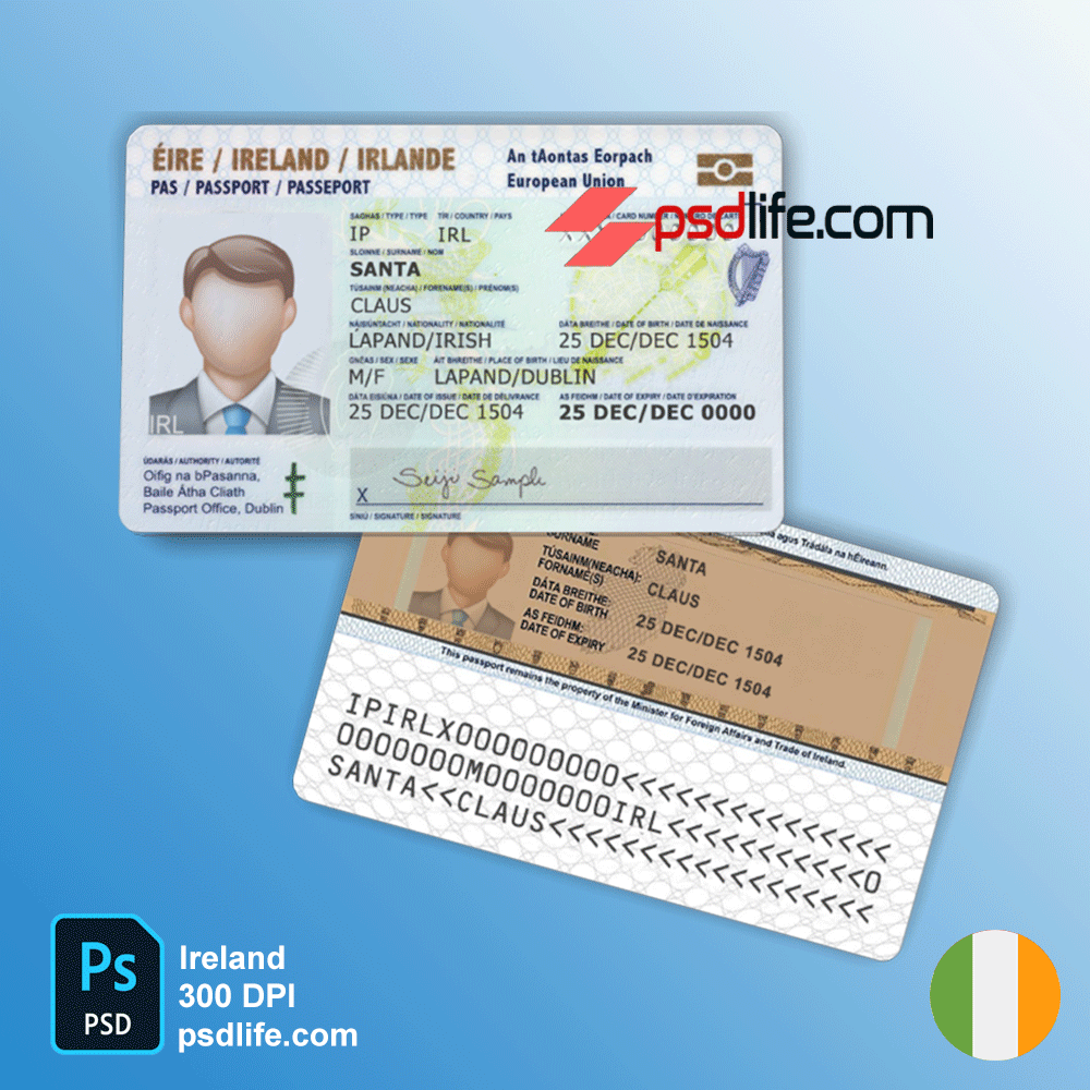 Ireland Country id card template blank psd | front and background editable