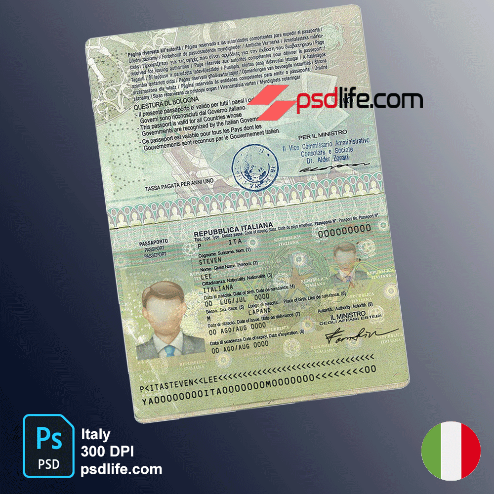 Italy passport psd template image size with editable for Payoneer account verification