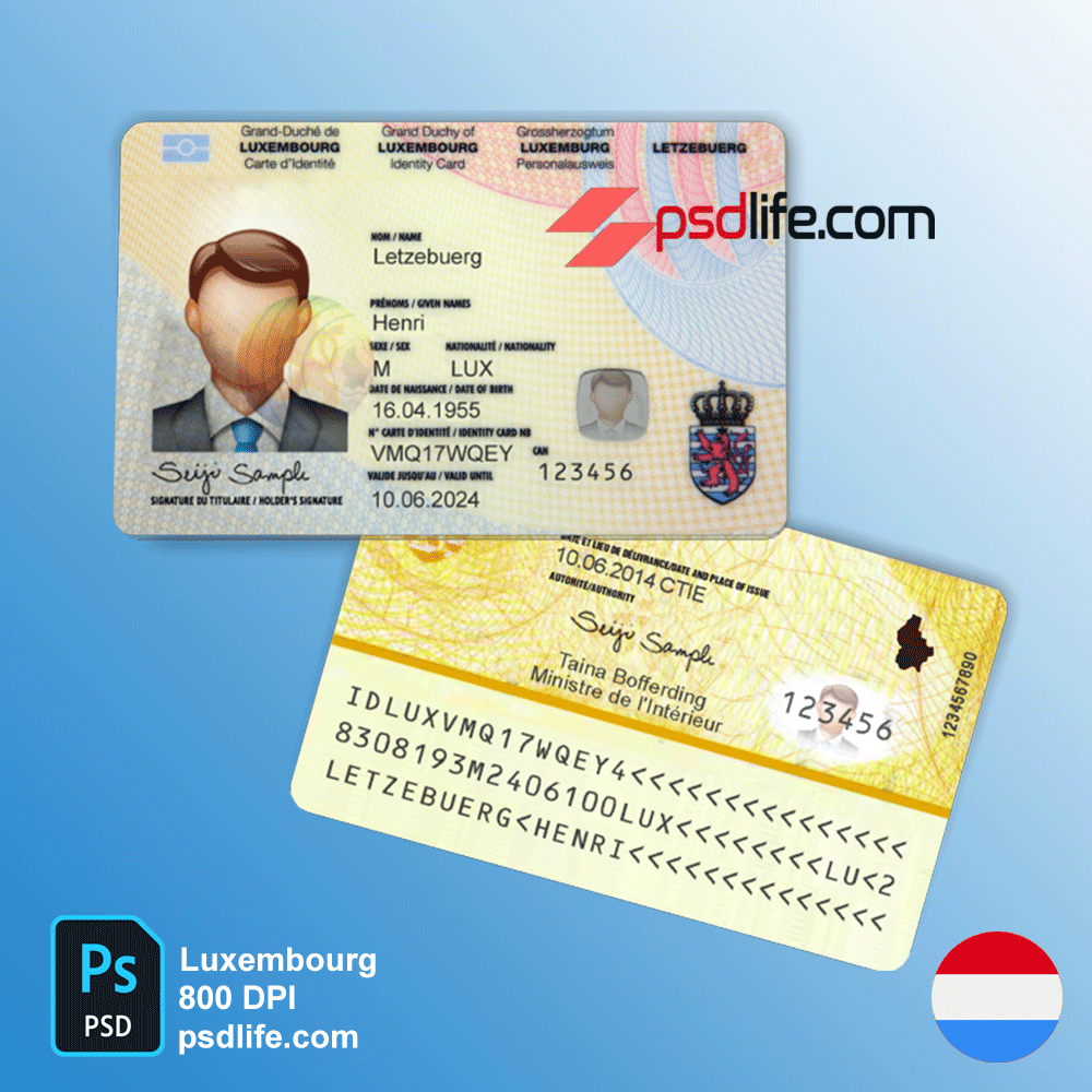 fake id card Luxembourg back and front Psd for Skrill account verification