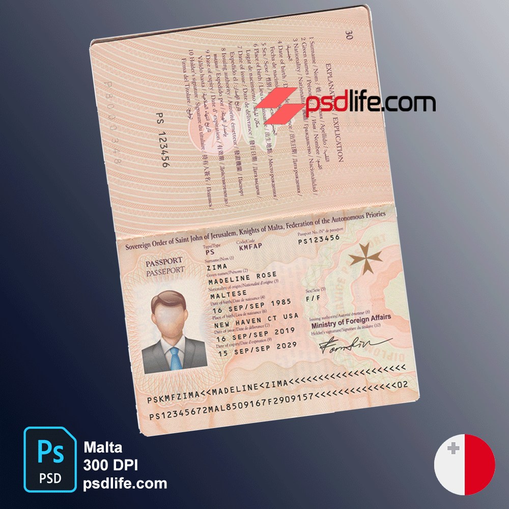 Malta passport psd template , full editable with all font