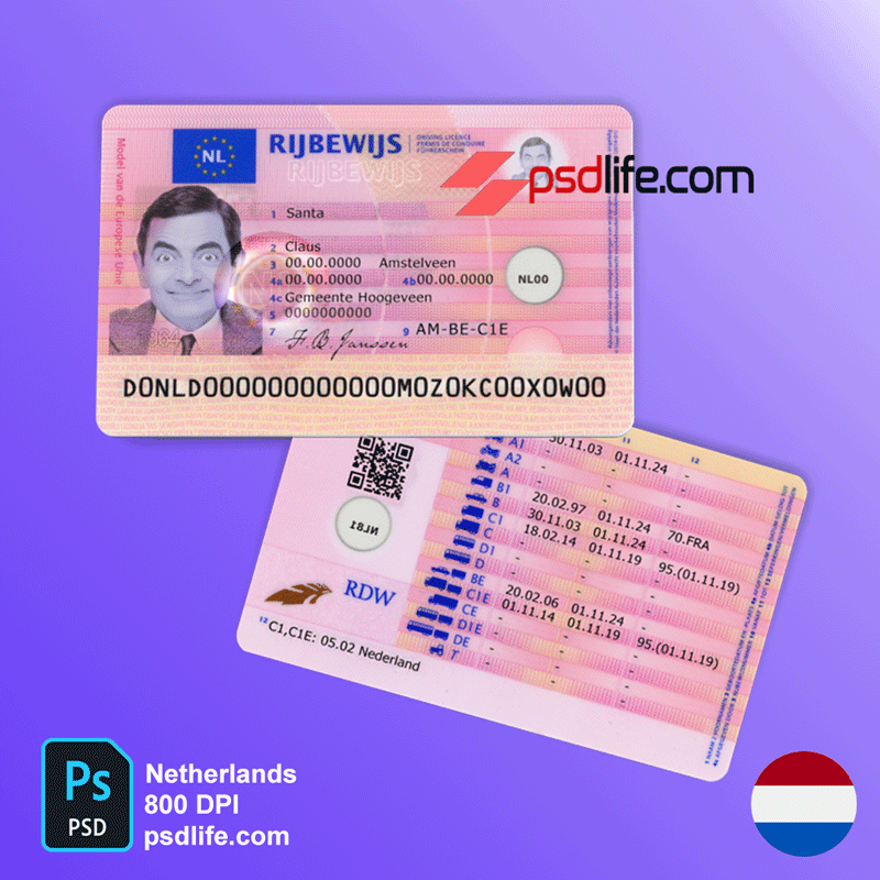 Netherland driving licence psd template , full editable with all font