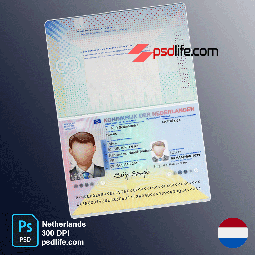 Netherlands passport psd template , full editable with all font