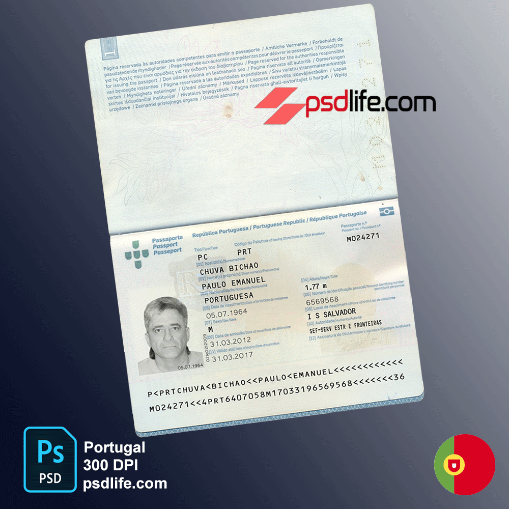 Portugal passport psd template , full editable with all font