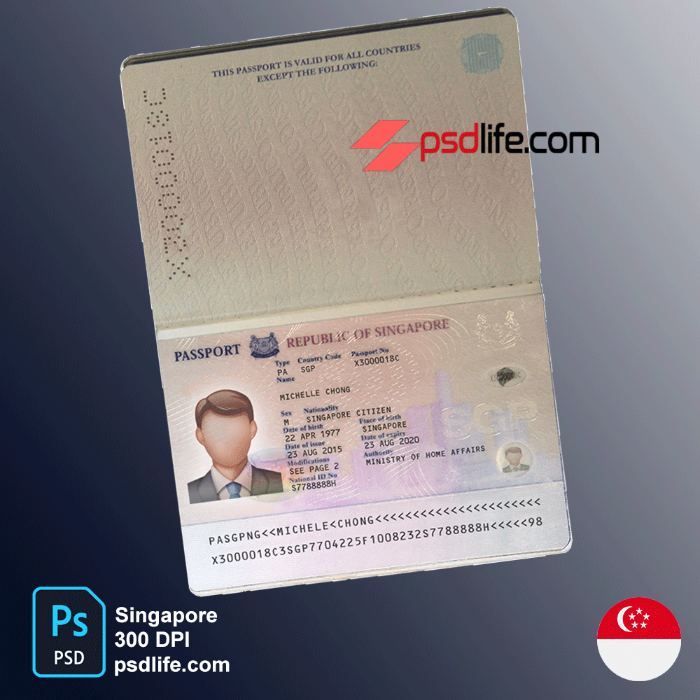 Singapore passport psd template Photoshop Document for all account in world