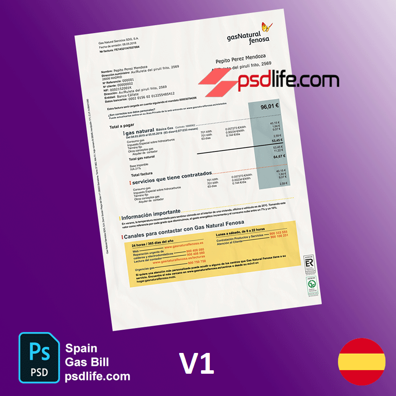 Spain Endesa luz and gasNatural fenosa utility bill psd template