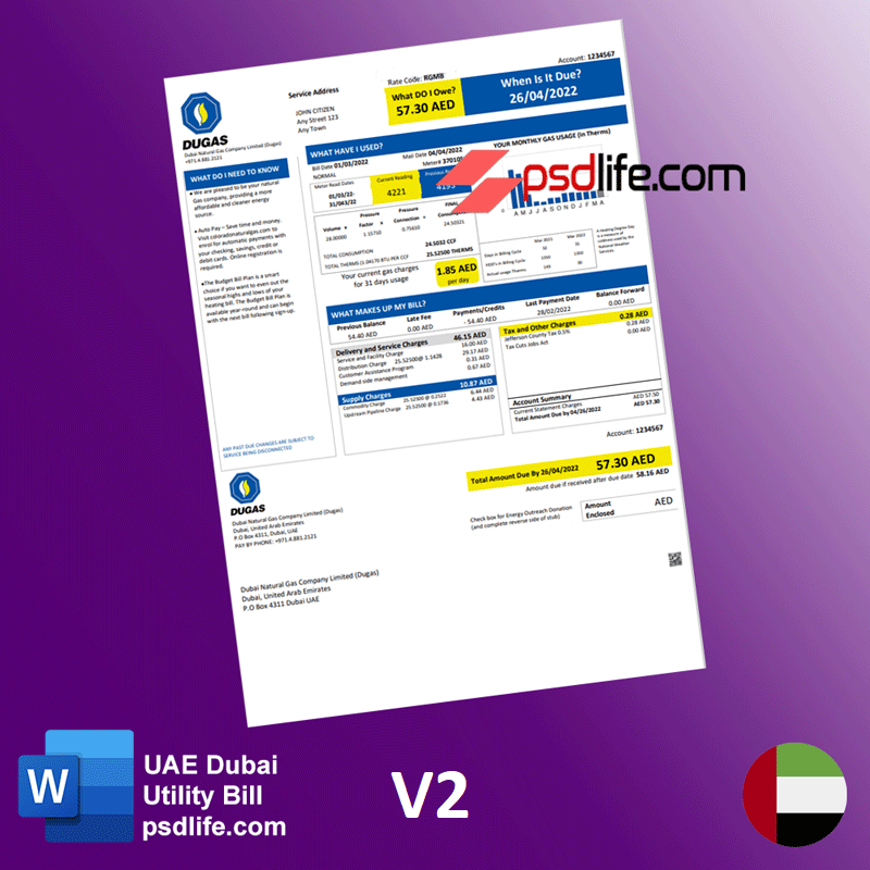 United Arab Emirates Dubai Green utility bill template psd format, fully editable
