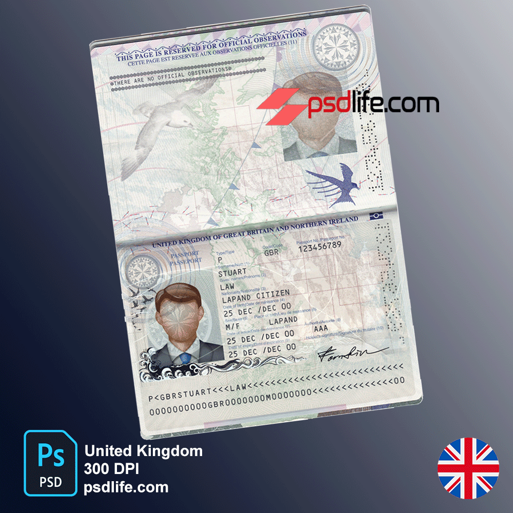 England ( United Kingdom ) passport card psd center with editable for download or verification