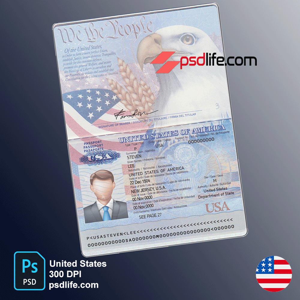 USA ( United States American ) passport psd template design image and mrz content