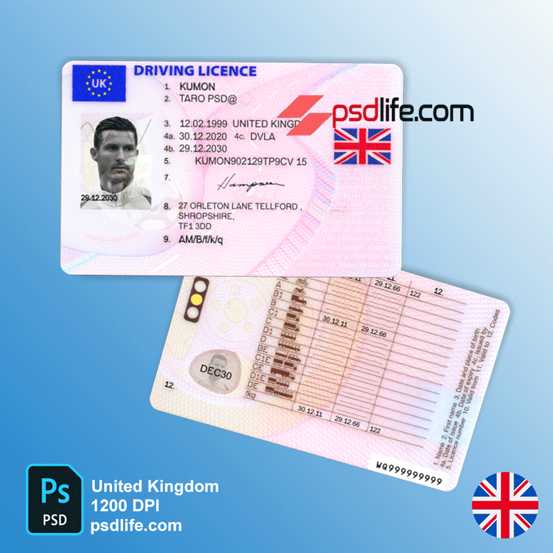 United Kingdom driving licence psd template image and content editable