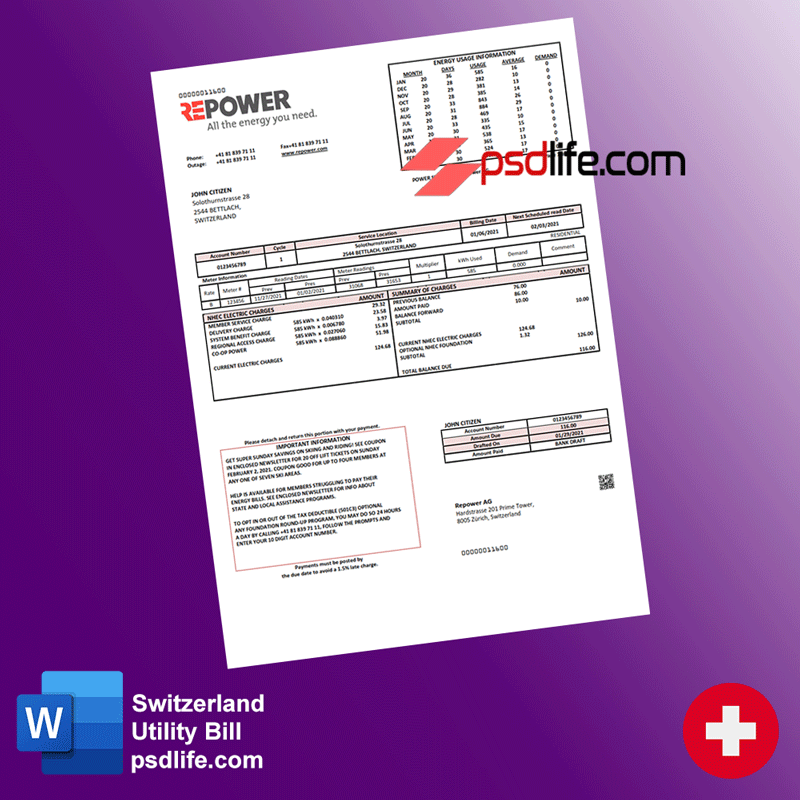 switzerland Utility Bill Psd Template , full editable with all font | Proof of address template psd | download free bill psd
