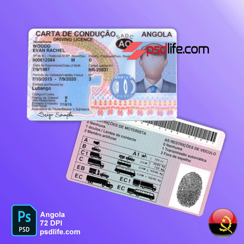 Angola driving license psd template for Skrill account verification