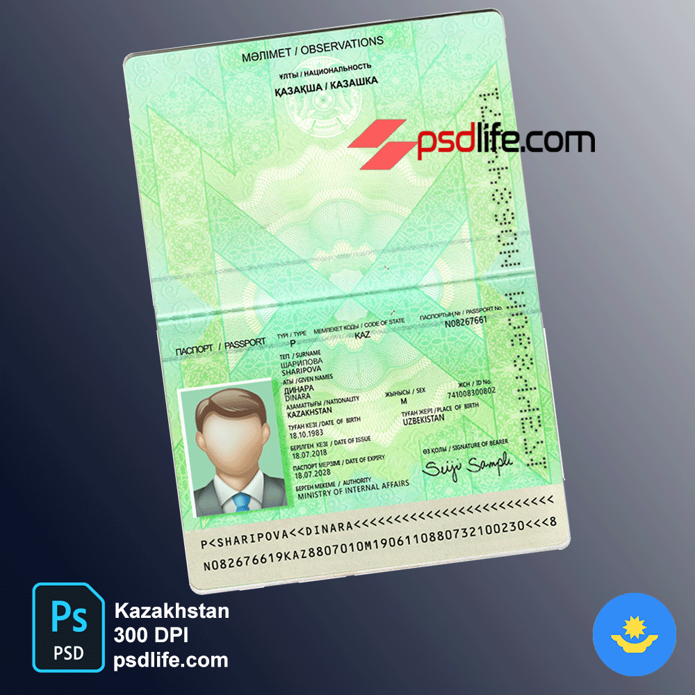 Kazakhstan passport psd template number format and passport design