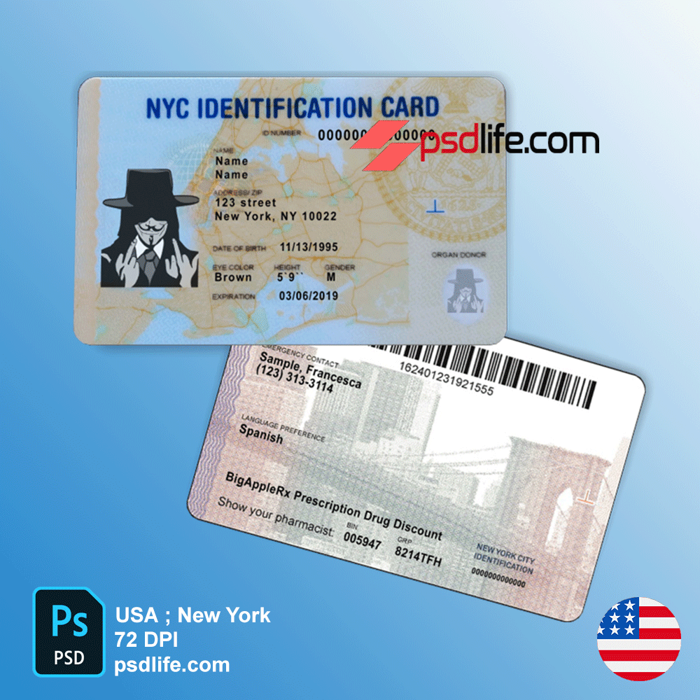 New York id card psd template for Skrill website account verification