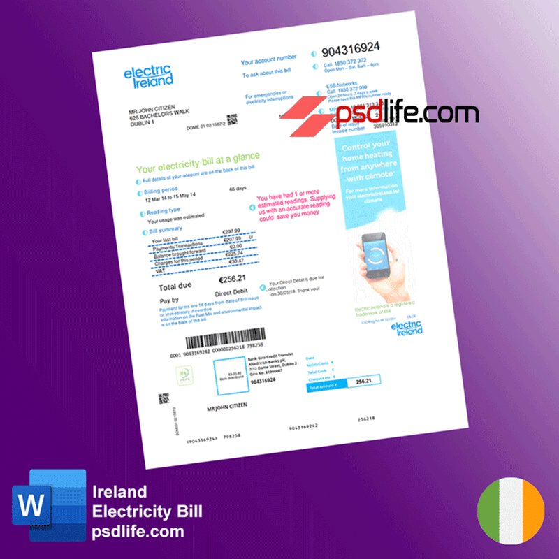 Ireland electric Bill in word and pdf format , easy to edit and make change