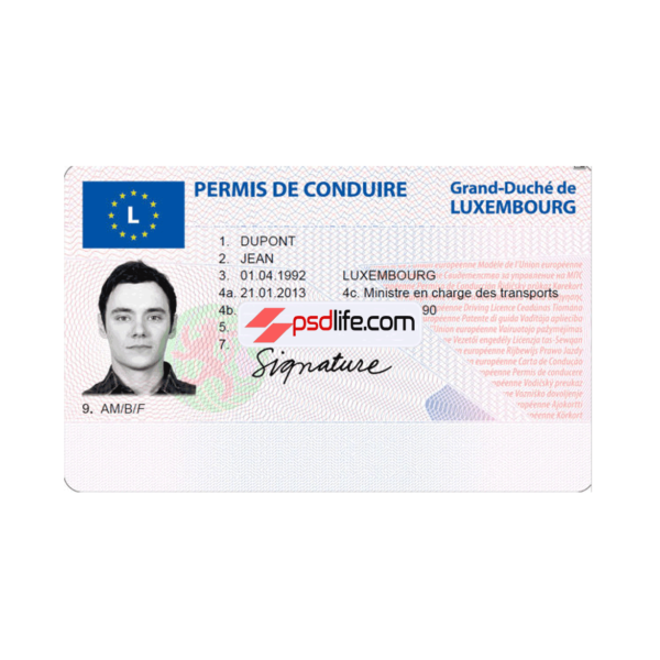 Luxembourg driving licence psd template , full editable with all font