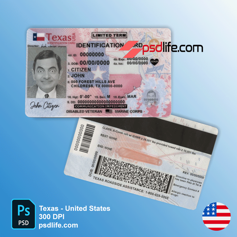 Texas ID Card document psd Template with all formats publisher