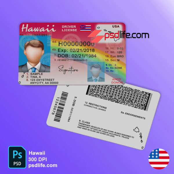 Hawaii traffic rules and driving license photoshop document template