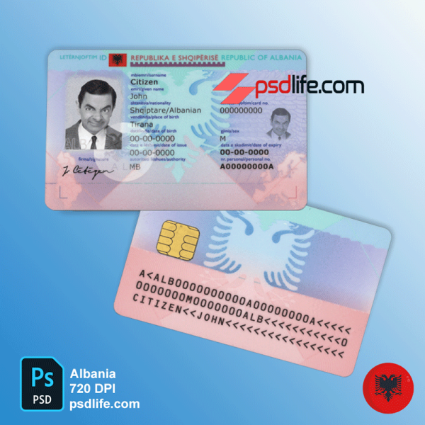 Albania fake id card Psd Template, editable / Shablloni i kartës së identitetit të rremë të Shqipërisë psd i modifikueshëm