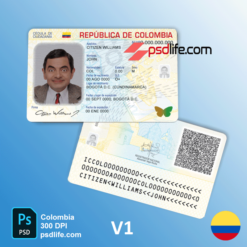 Colombia fake id card Psd Template editable / Plantilla PSD de tarjeta de identificación falsa de Colombia editable