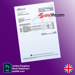 United Kingdom Citibank bank statement template in psd Photoshop format