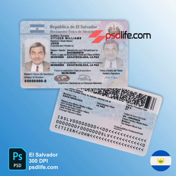 El Salvador fake identity card (ID) psd template editable in Central