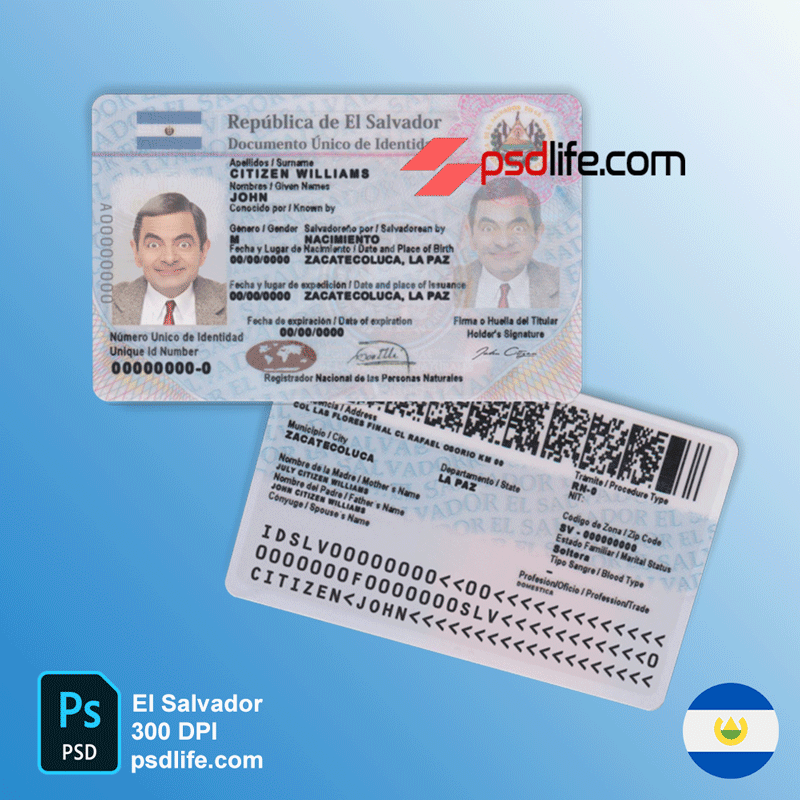 El Salvador fake identity card (ID) psd template editable in Central America | Republic of El Salvador id card photoshop document template free download | novelty ids photoshop template | fake id templates | fake psd | fake template
