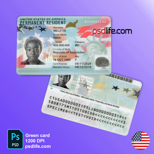 us green card، resident card psd template full editable free 2022