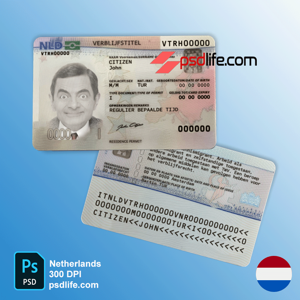 Netherlands (Dutch) residence permit fake Psd Template editable