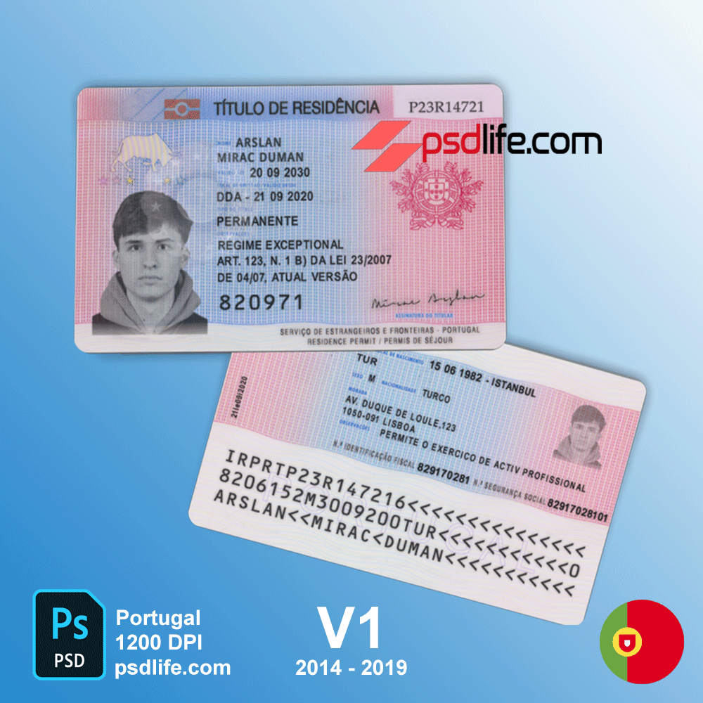 Special fake Residence Permit for Portugal psd template reputation | Autorização de residência em Portugal falsa Psd Modelo editável