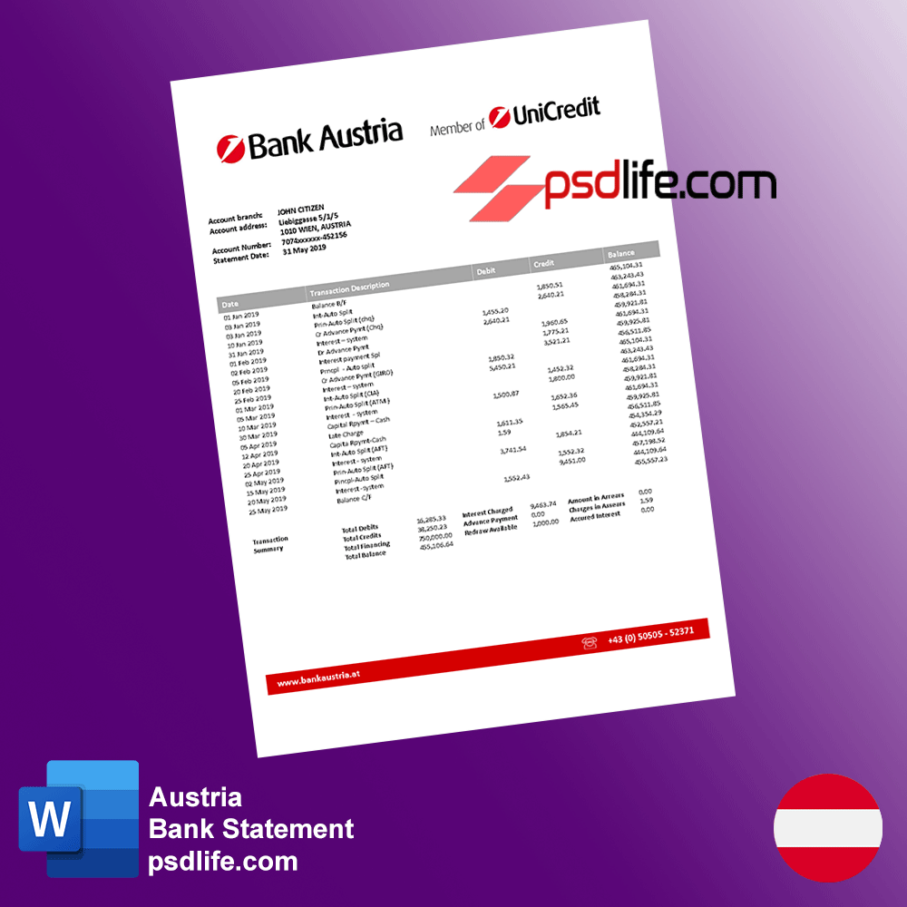 download free Austria UniCredit bank statement word template for verify bank account | banks stements in photoshop format