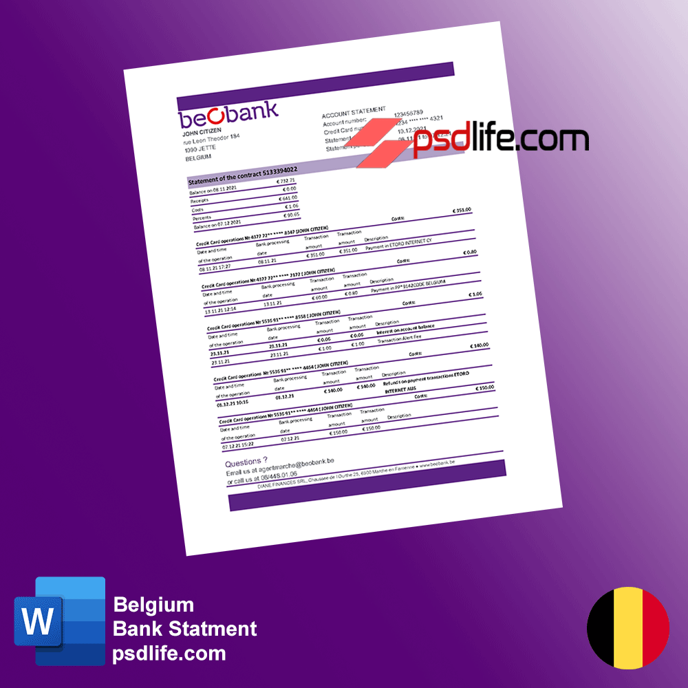 download free Belgium Beobank bank statment template in excell word format for | for binance and kucoin acount