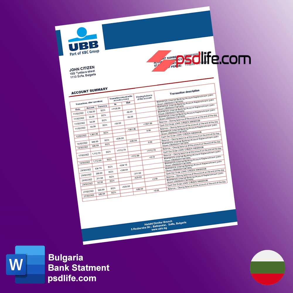 Download free Bulgaria Country UBB bank statement in excell word format | България Държава банково извлечение от ОББ във формат excel word