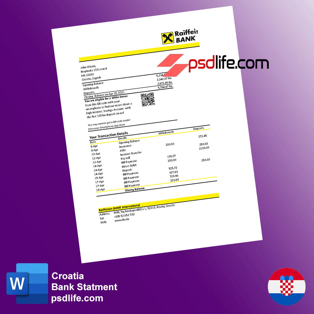 Croatia Raiffeisen Bank statement template in word format