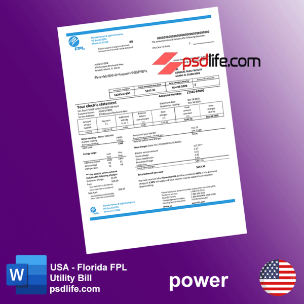 USA Florida free fake utility bill for proof of address utility bill