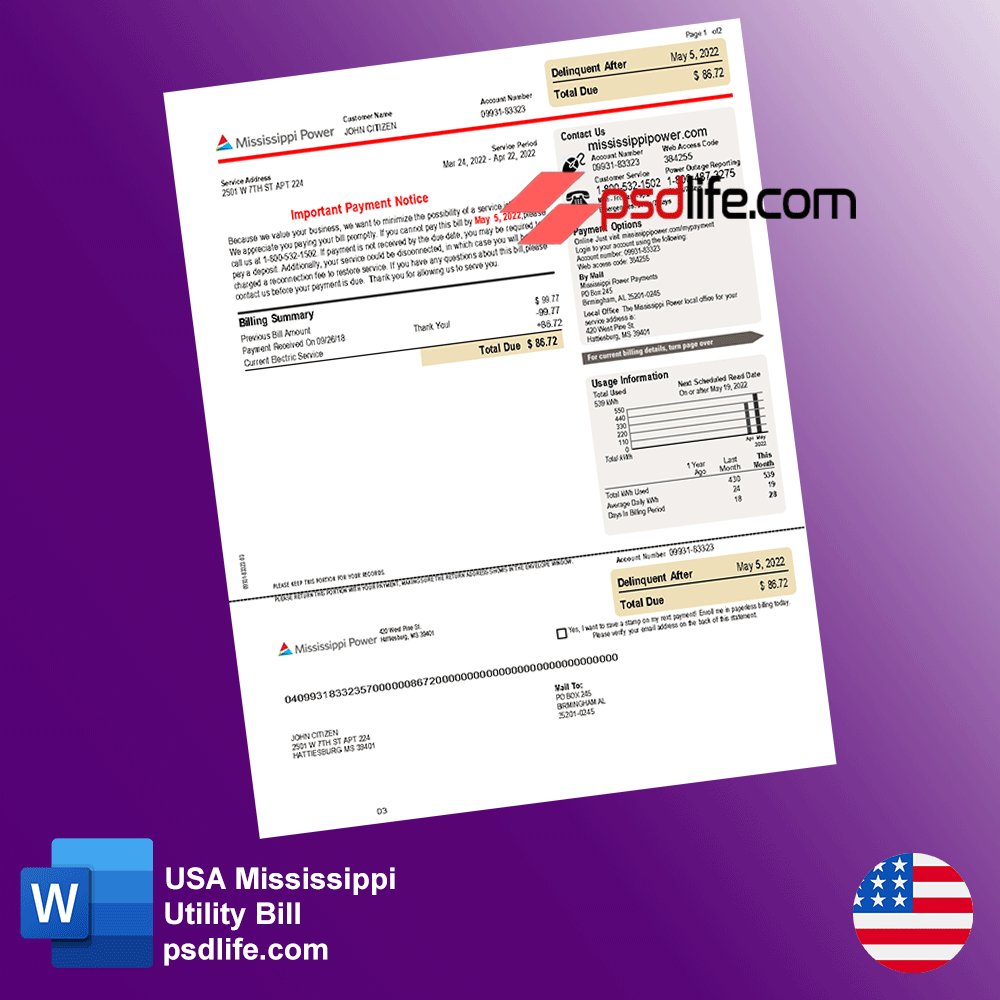 USA Mississippi free fake utility bill for proof of address utility bill