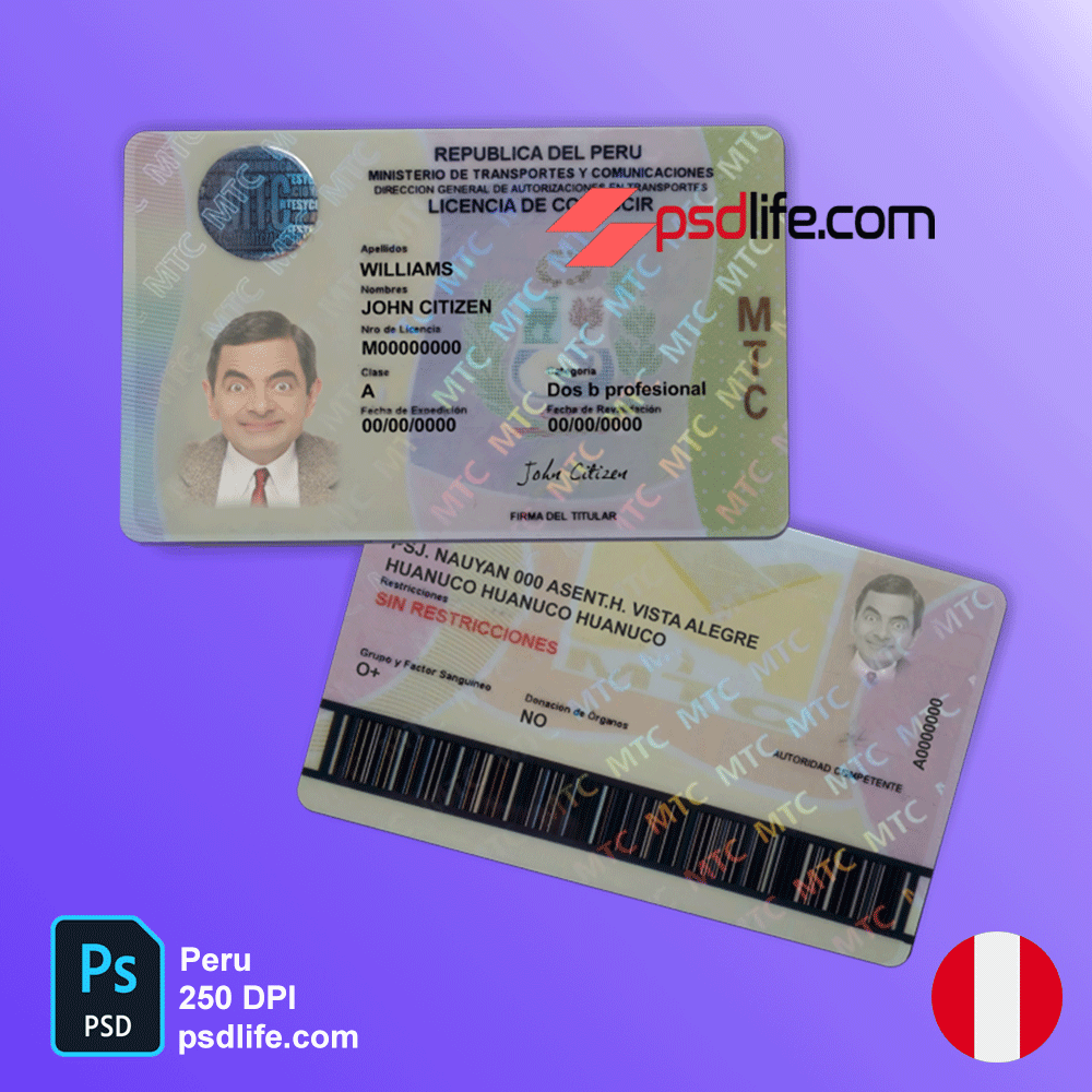 Downlaod free Peru fake driver license psd template in photoshop Format | name . details , photo and all details are completly edirable
